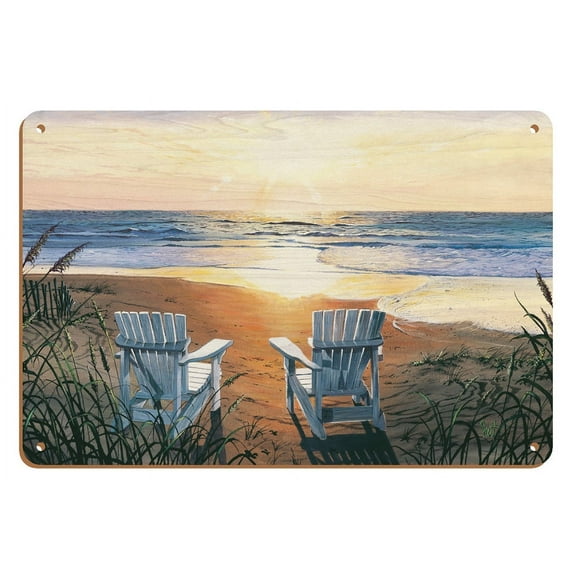 Days End Duo - Beach Chairs & Sunset Ocean View - From an Original Color Painting by Scott Westmoreland - 8 x 12 inch Vintage Wood Art Sign