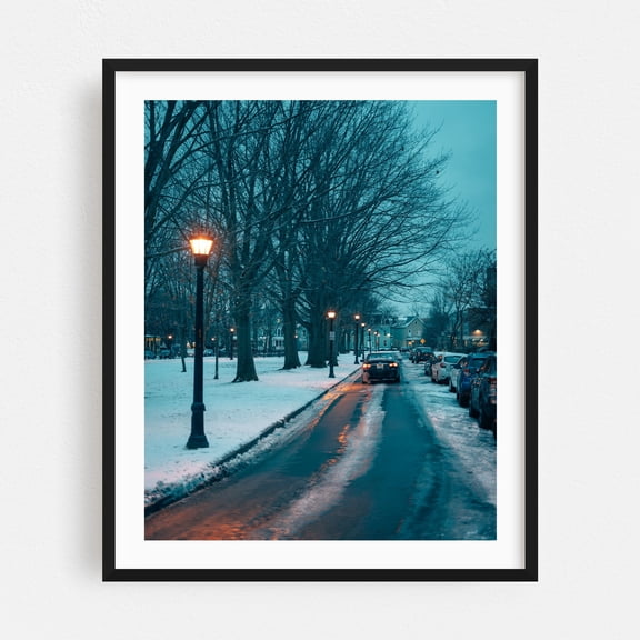 Days Park, Buffalo 01 - Buffalo New York Photography Winter Street Photography Snow Night Sky Scenic Car Cityscape Black Framed Wall Art Print 9 x 12 inches