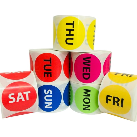 Days of The Week Labels  All 7 Days | 2" Round Adhesive Stickers | 7 Rolls of 500 Each | Inventory Control & Organization