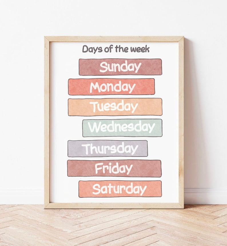 Days Of The Week Poster Preschool Educational Montessori Nursery