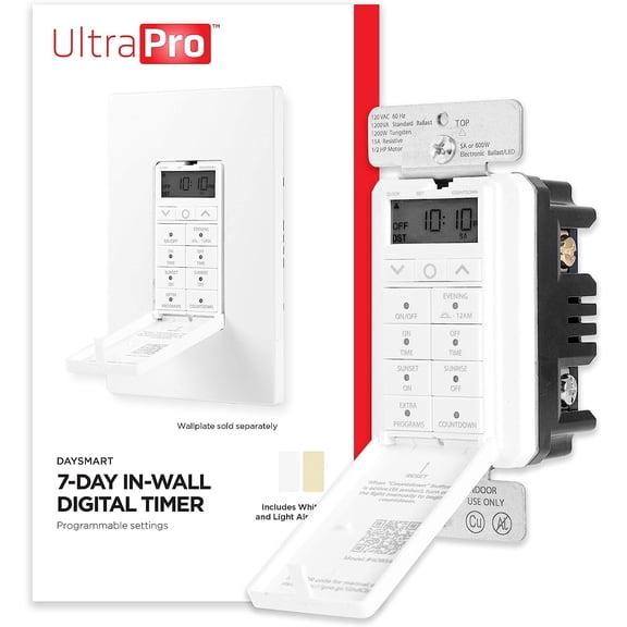 Daysmart 7-Day Digital In-Wall Timer, Presets/Countdown, Programmable Settings, Override, Sunrise/Sunset, Light Timer Switch for Indoor Lighting, Porch, Seasonal, LED, 40954