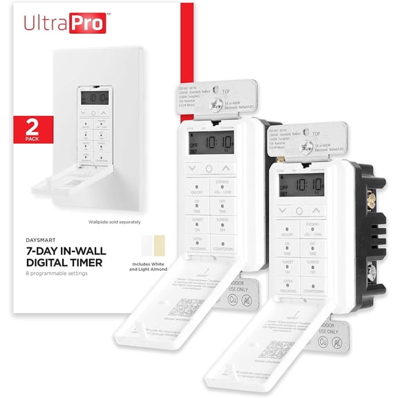 Daysmart 7-Day Digital In-Wall imer, Presets/Countdown Timer, Programmable Settings, Override, Sunre/Sunset, Light imer for Indoor Lighting, Porch, Seasonal, Timer , 2 Pack, 47940