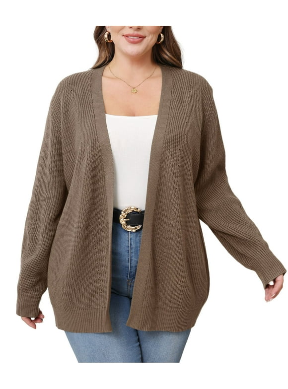 Fall Winter Womens Plus Size Open Front Casual Long Sleeve Chunky Cable Knit Classic Sweaters Cardigan