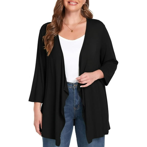 Daystry Plus Size Cardigan for Women 3/4 Sleeve Casual Open Front Light Cardigan Black-3X