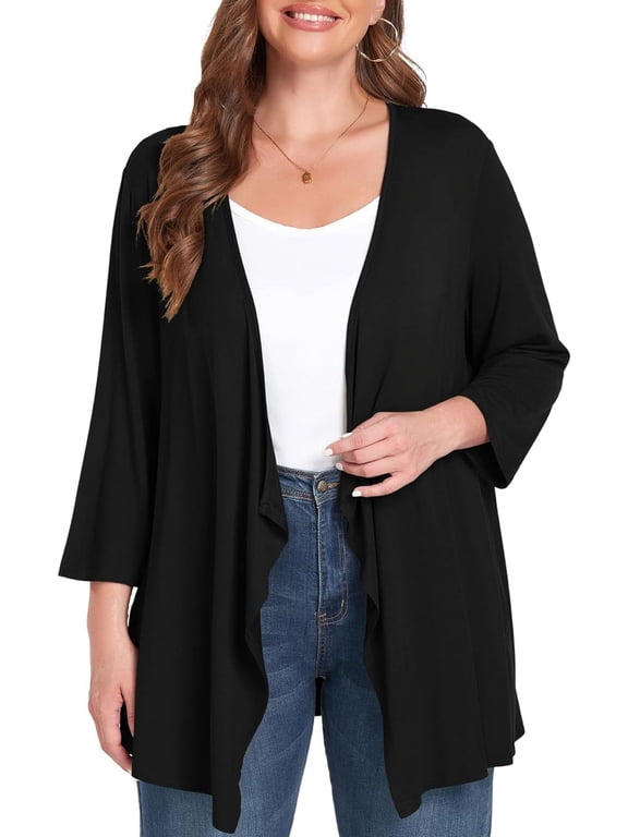 Plus Size Cardigan for Women 3/4 Sleeve Casual Open Front Light Cardigan Black-3X