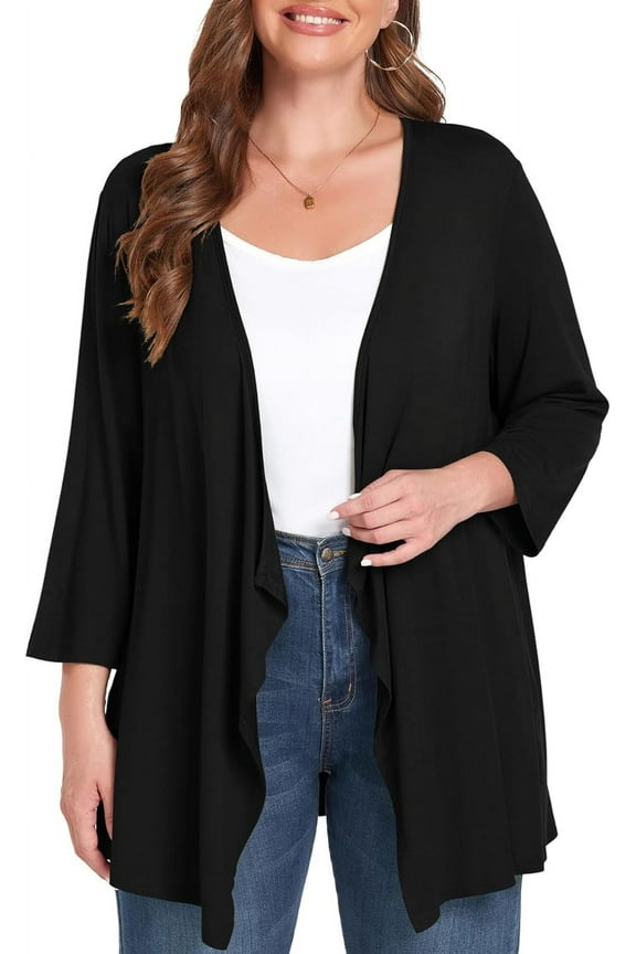 Plus Size Cardigan for Women 3/4 Sleeve Casual Open Front Light Cardigan Black-4X