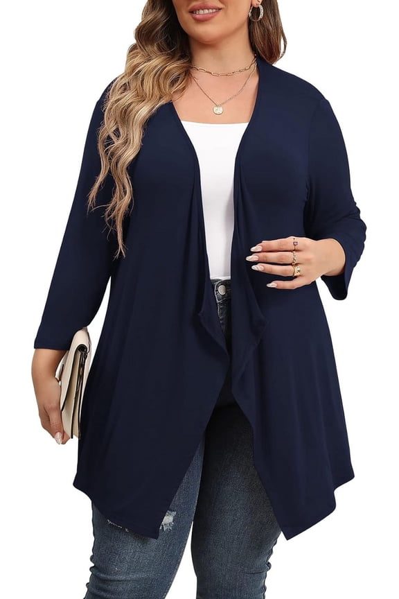 Plus Size Cardigan for Women 3/4 Sleeve Casual Open Front Light Cardigan Navy Blue-5X