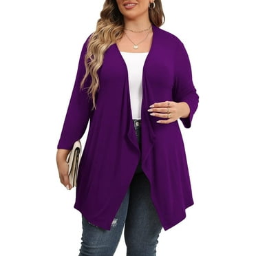 Daystry Plus Size Cardigan for Women 3/4 Sleeve Casual Open Front Light Cardigan Purple-3X