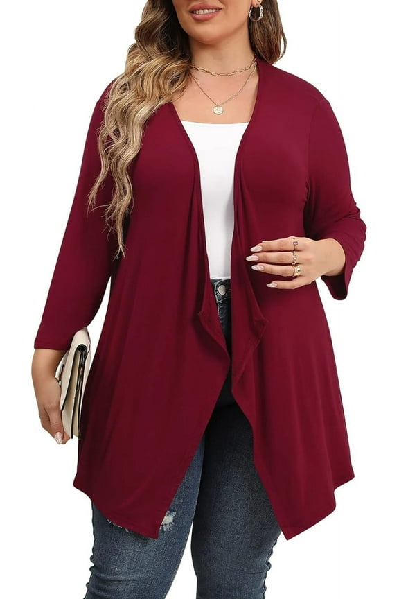Plus Size Cardigan for Women 3/4 Sleeve Casual Open Front Light Cardigan Wine Red-4X