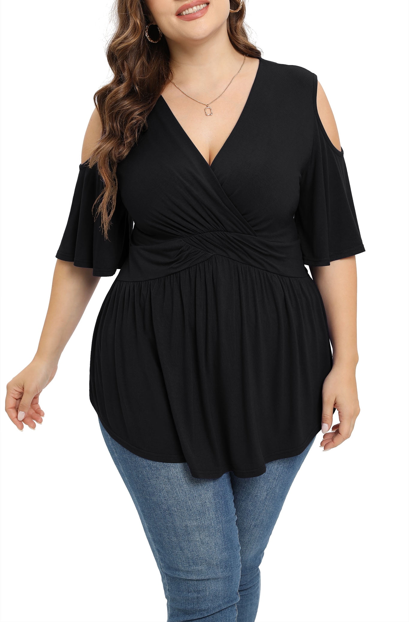 Women's Plus Size Tops Dressy Casual Tunics Blouses Lace Summer Cold  Shoulder Shirts Short Sleeve