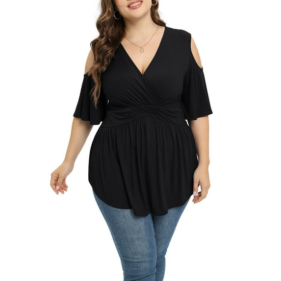 Daystry Plus Size Tops for Women Sexy Empire Waist Dressy Cold Shoulder Short Sleeve Shirts Black-3X