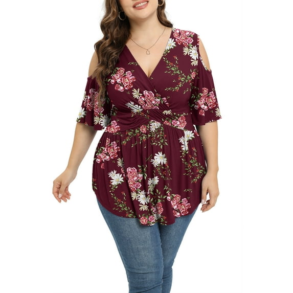 Daystry Plus Size Tops for Women Sexy Empire Waist Dressy Cold Shoulder Short Sleeve Shirts F Wine Red-4X