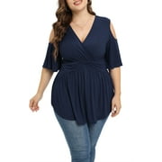 DAYSTRY Plus Size Tops for Women Sexy Empire Waist Dressy Cold Shoulder Short Sleeve Shirts Black-2X