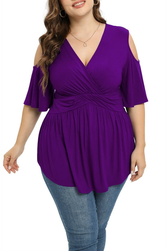 Plus Size Tops for Women Sexy Empire Waist Dressy Cold Shoulder Short Sleeve Shirts Purple-1X
