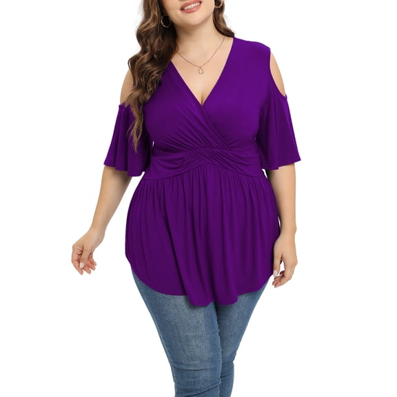 Daystry Plus Size Tops for Women Sexy Empire Waist Dressy Cold Shoulder Short Sleeve Shirts Purple-3X