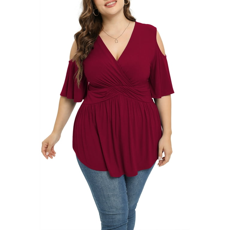 Daystry Plus Size Tops for Women Sexy Empire Waist Dressy Cold Shoulder Short Sleeve Shirts Wine Red 2X