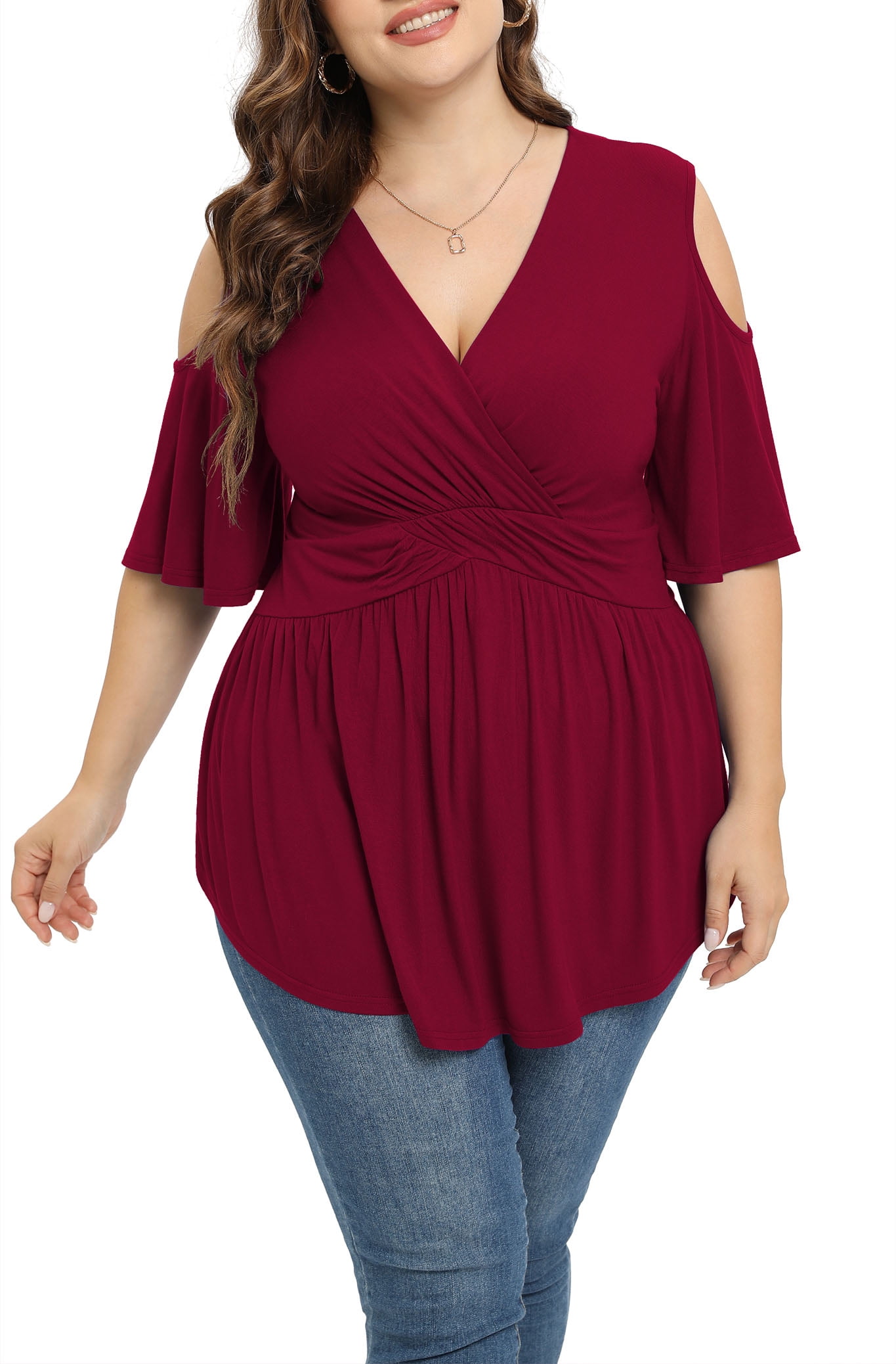 Daystry Plus Size Tops for Women Sexy Empire Waist Dressy Cold Shoulder Short Sleeve Shirts Wine Red 3X