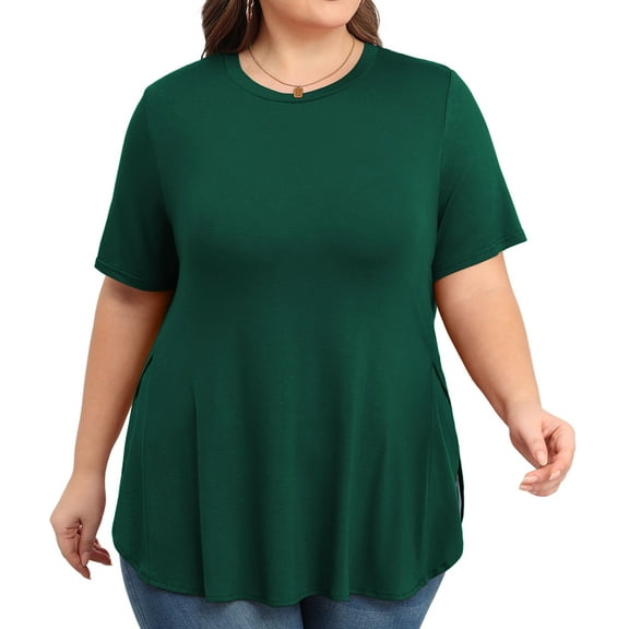 Daystry Womens Short Sleeve Casual Loose Fit Flare Swing Tunic Tops Round Neck Jersey Plit Side T-Shirt Plus Size Dark Green 3XL