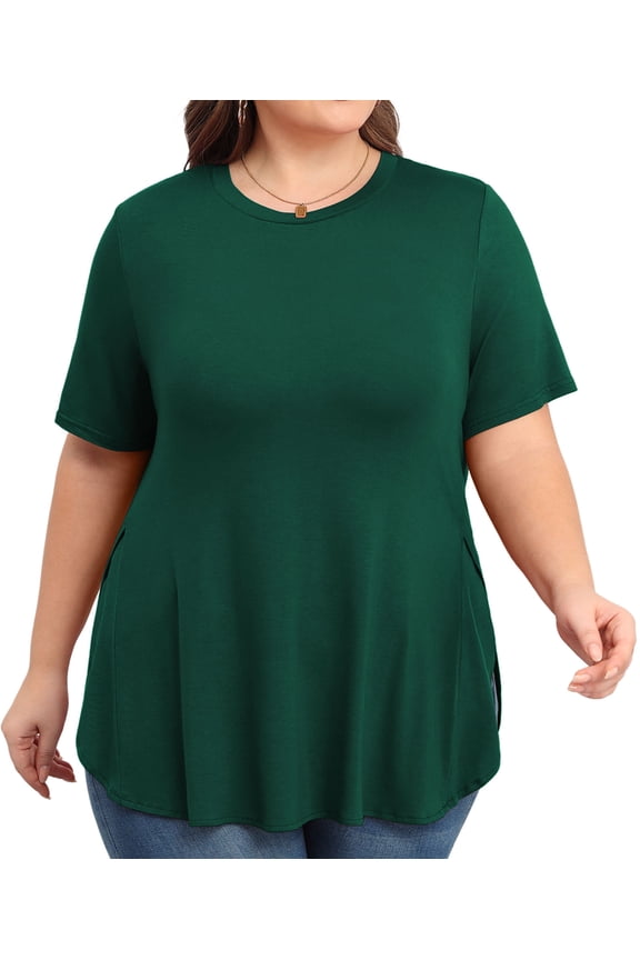 Womens Short Sleeve Casual Loose Fit Flare Swing Tunic Tops Round Neck Jersey Plit Side T-Shirt Plus Size Dark Green XXL