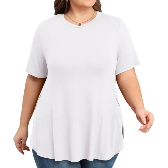 Daystry Womens Short Sleeve Casual Loose Fit Flare Swing Tunic Tops Round Neck Jersey Plit Side T-Shirt Plus Size White 3XL