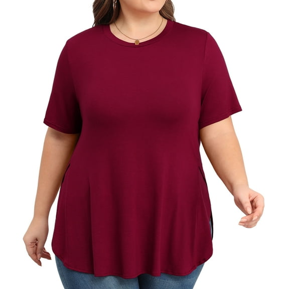 Daystry Womens Short Sleeve Casual Loose Fit Flare Swing Tunic Tops Round Neck Jersey Plit Side T-Shirt Plus Size Wine Red 4XL