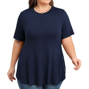Daystry Womens Short Sleeve Casual Loose Fit Flare Swing Tunic Tops Round Neck Jersey Plit Side T-Shirt Plus Size Navy Blue XXL