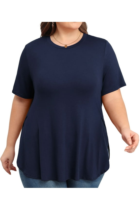 Womens Short Sleeve Casual Loose Fit Flare Swing Tunic Tops Round Neck Jersey Plit Side T-Shirt Plus Size Navy Blue 4XL