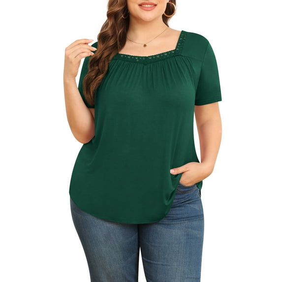 Daystry Plus Size Tops for Women Short Sleeve Square Lace Neck Flowy Shirts Dark Green 3X
