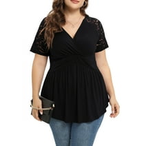 Feancey Plus Size Tops for Women Lace Crochet V Neck 3/4 Sleeve Shirts ...