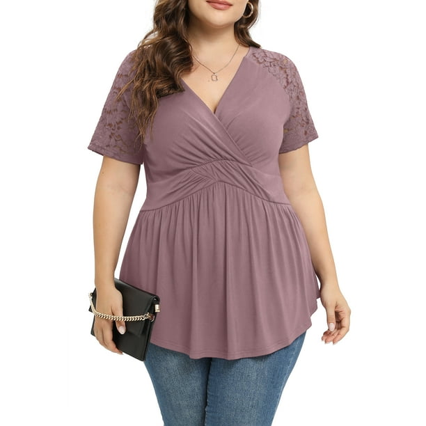 Daystry Plus Size Tunic Tops For Women Lace V Neck Empire Waist Women Top Babydoll Blouse Mauve 3X