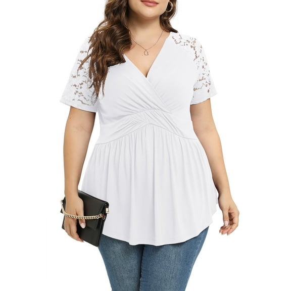 Daystry Plus Size Tunic Tops For Women Lace V-Neck Empire Waist Women Top Babydoll Blouse White-1X
