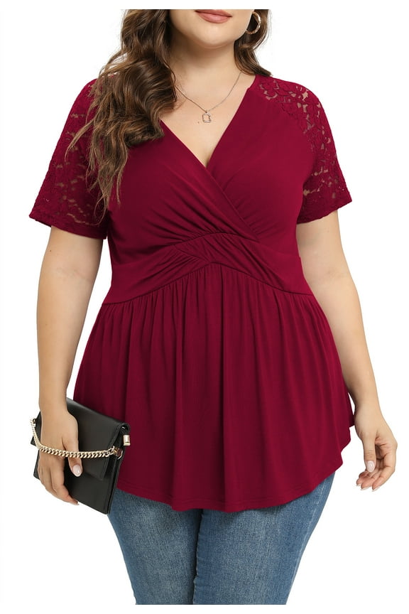 Plus Size Tunic Tops For Women Lace V-Neck Empire Waist Women Top Babydoll Blouse Wine Red-2X