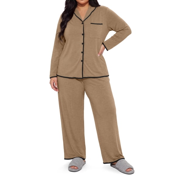 Daystry Plus Size Womens Pajamas Set 2 Piece Soft Knit Floral Long Sleeve Button Tops Pants with Pockets for Lounge Sleepwear
