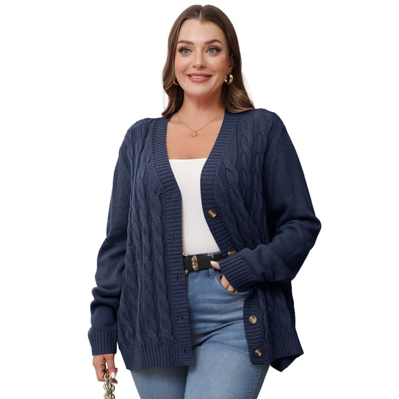 Daystry Women's Plus Size Fall Winter Long Sleeve Chunky Cable Knit Sweater Open Front Cardigan Button Loose Sweaters