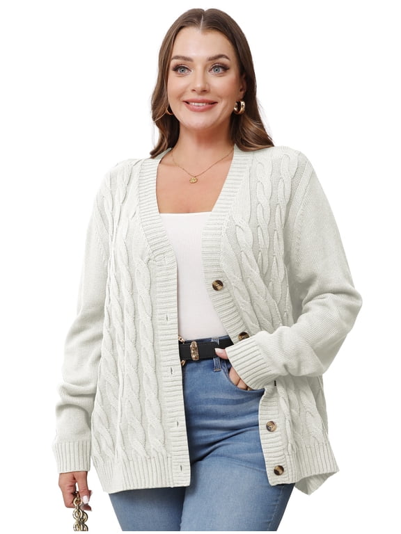 Women's Plus Size Fall Winter Long Sleeve Chunky Cable Knit Sweater Open Front Cardigan Button Loose Sweaters