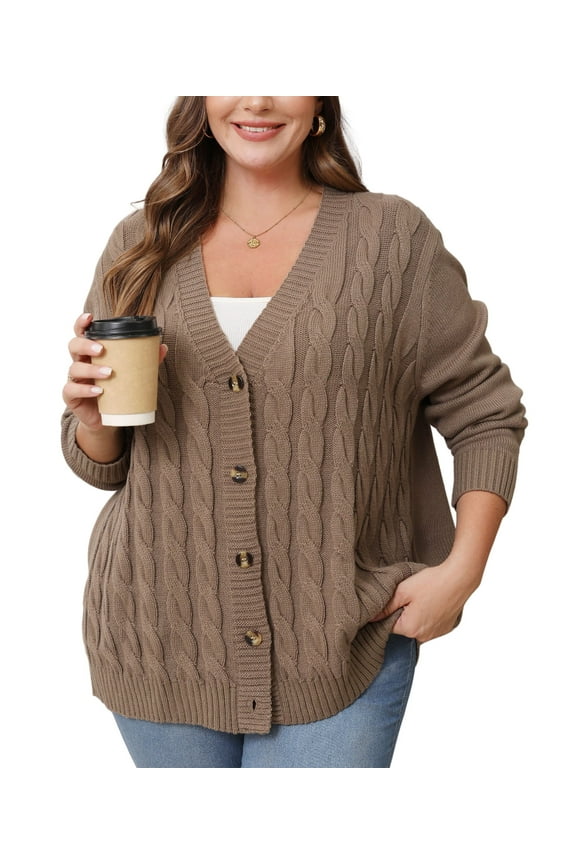 Women's Fall Winter Long Sleeve Chunky Cable Knit Sweater Open Front Cardigan Button Loose Sweaters Outerwear