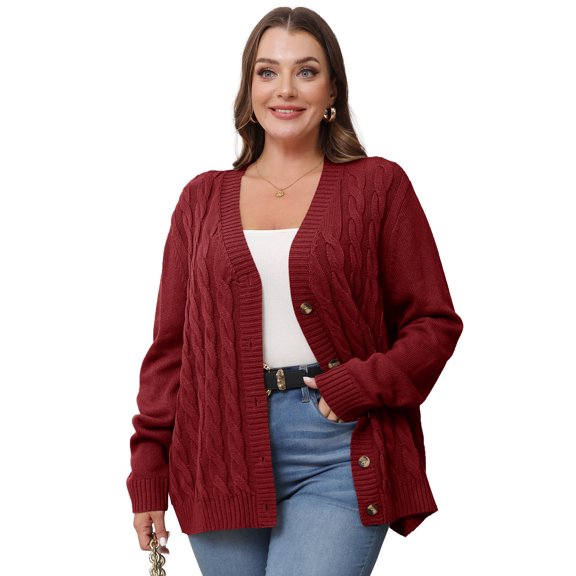 Daystry Women's Plus Size Fall Winter Long Sleeve Chunky Cable Knit Sweater Open Front Cardigan Button Loose Sweaters