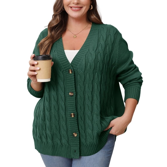 Daystry Women's Plus Size Fall Winter Long Sleeve Chunky Cable Knit Sweater Open Front Cardigan Button Loose Sweaters