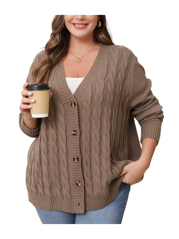 Women's Plus Size Fall Winter Long Sleeve Chunky Cable Knit Sweater Open Front Cardigan Button Loose Sweaters