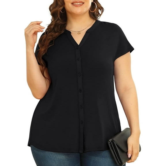 Daystry Women's Plus Size Button Down Short Sleeve Shirt Business Casual V Neck Tops Black-1X