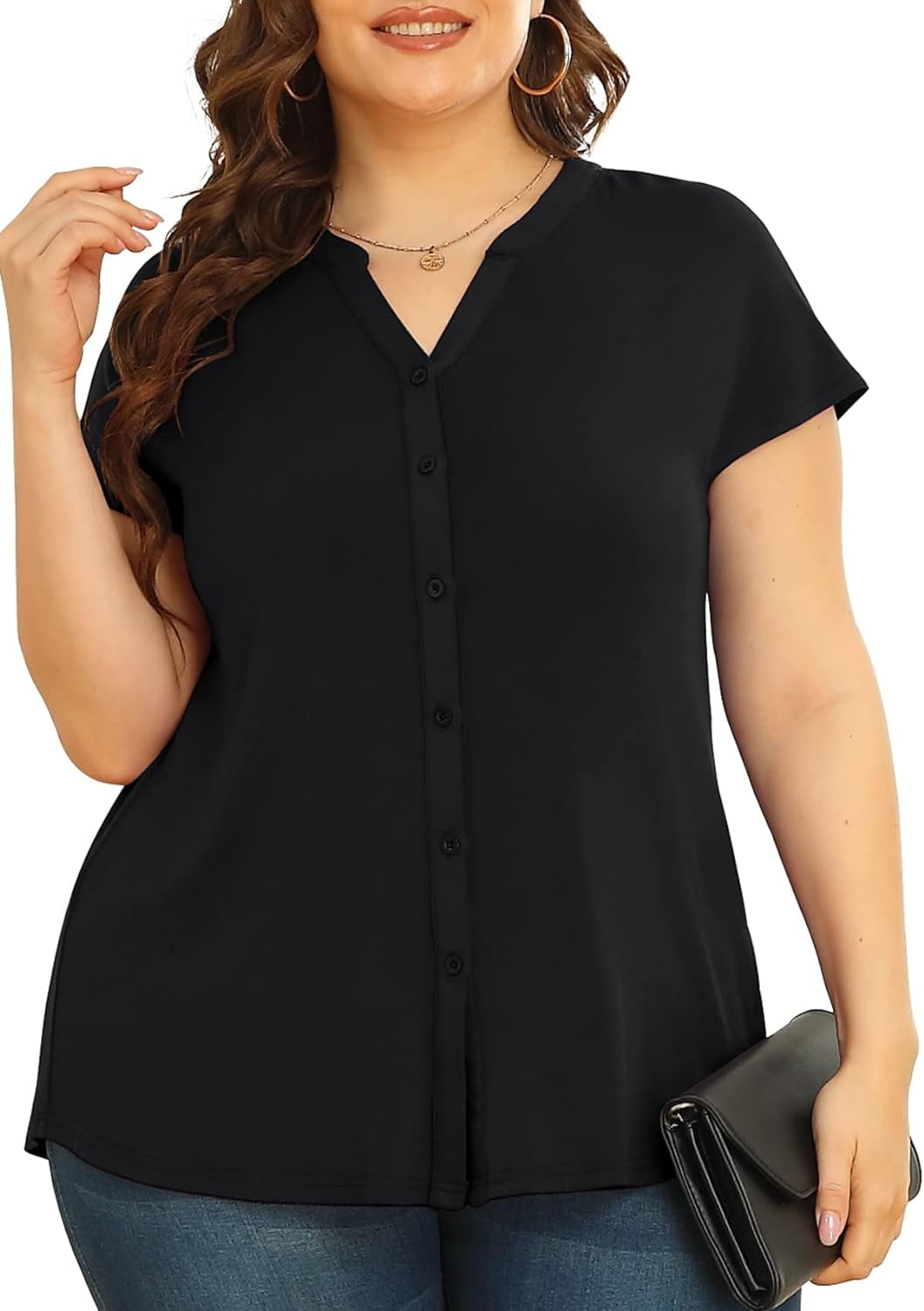 Plus Size Black Cotton Blouse With Stand Collar Button Front Half Sleeves For Women main image 1