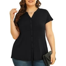 Daystry Women's Plus Size Button Down Short Sleeve Shirt Business Casual V Neck Tops Black-3X
