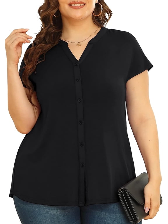 Women's Plus Size Button Down Short Sleeve Shirt Business Casual V Neck Tops Black-3X