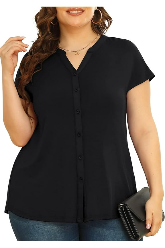 Women's Plus Size Button Down Short Sleeve Shirt Business Casual V Neck Tops Black-3X