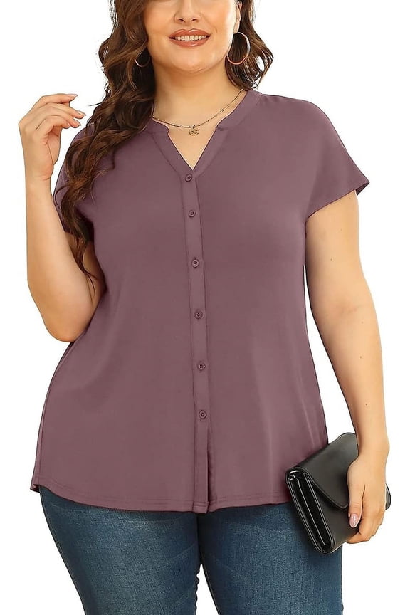Women's Plus Size Button Down Short Sleeve Shirt Business Casual V Neck Tops Mauve-2X
