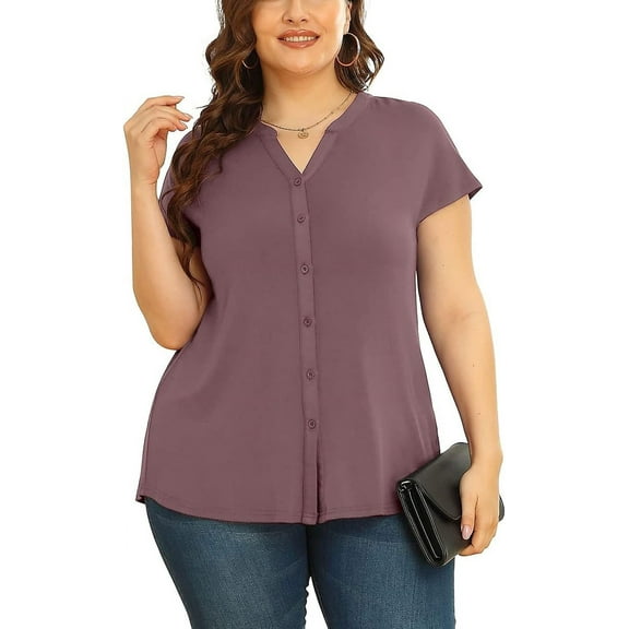 Daystry Women's Plus Size Button Down Short Sleeve Shirt Business Casual V Neck Tops Mauve-3X