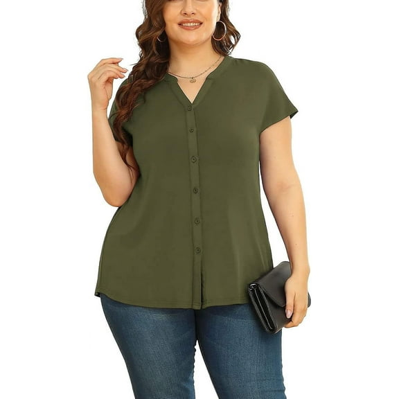 Daystry Women's Plus Size Button Down Short Sleeve Shirt Business Casual V Neck Tops Olive Green-2X