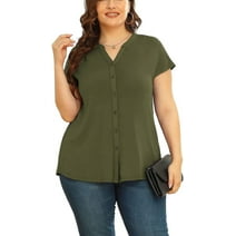 Daystry Women's Plus Size Button Down Short Sleeve Shirt Business Casual V Neck Tops Olive Green-3X