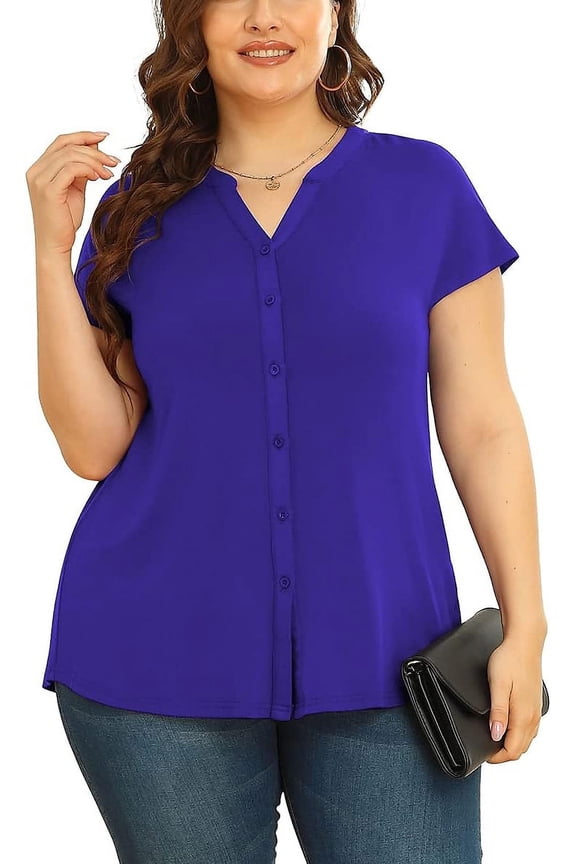 Women's Plus Size Button Down Short Sleeve Shirt Business Casual V Neck Tops Royal Blue-1X