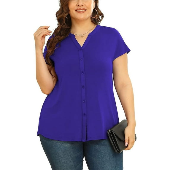 Daystry Women's Plus Size Button Down Short Sleeve Shirt Business Casual V Neck Tops Royal Blue-2X